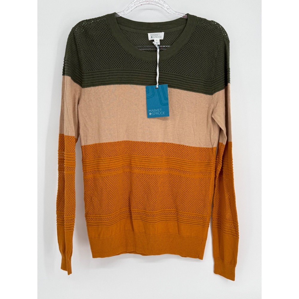 Market & Spruce Womens Colorblock Pointelle Knit Sweater Tan Mustard Sz M NEW
